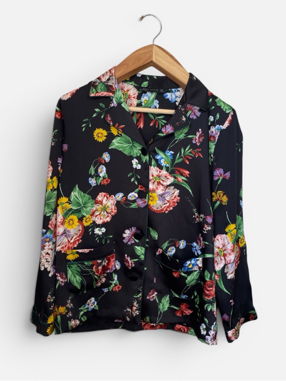 Zara Black Bloom Satin Button Up Blouse Size Medium - Picture 3 of 14